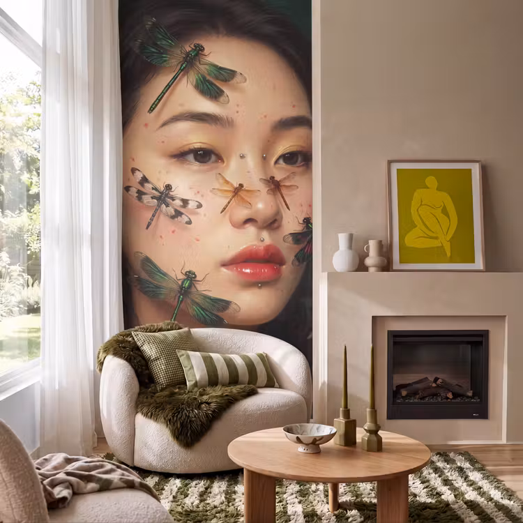 Behang - Vrouw - Insecten - Natuur - Portret - Groen — 1