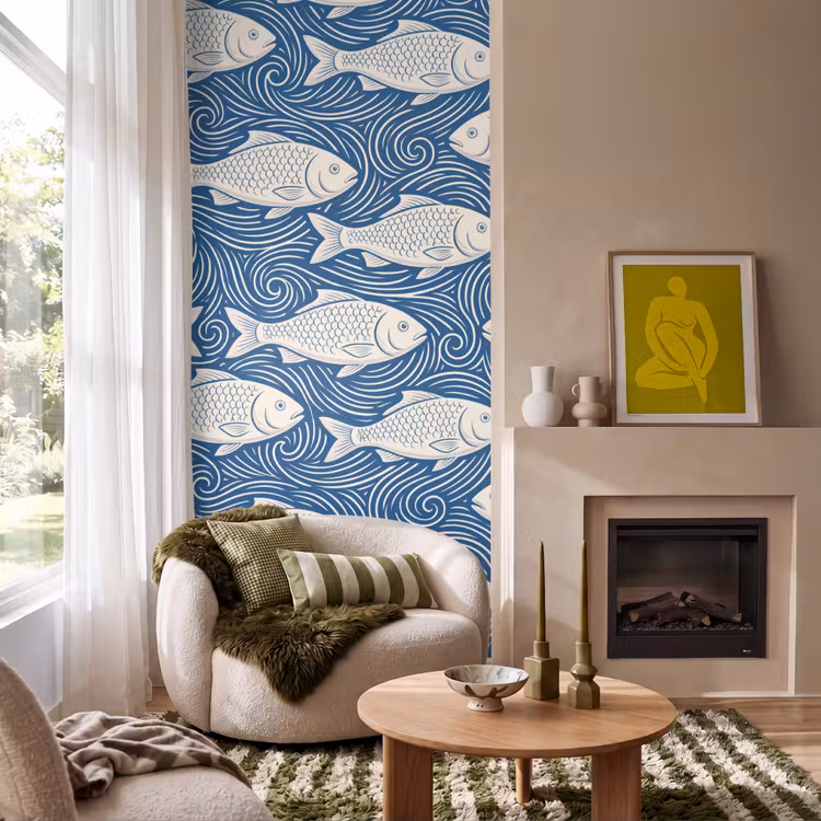 Behang - Vis - Water - Patroon - Grafisch - Blauw — 1