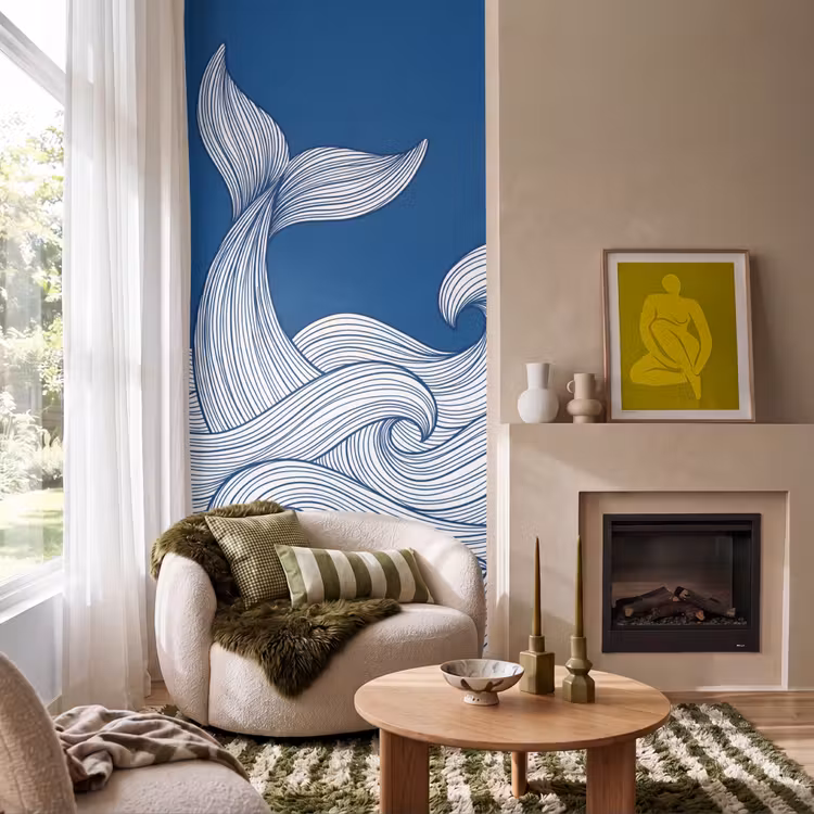 Behang - Walvis - Staart - Golven - Lijntekening - Blauw — 1