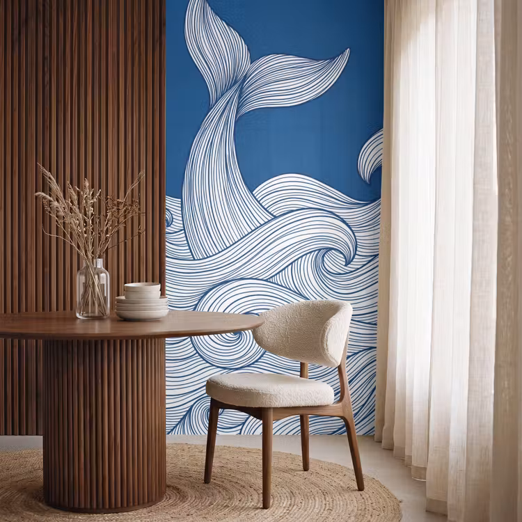 Behang - Walvis - Staart - Golven - Lijntekening - Blauw — 4