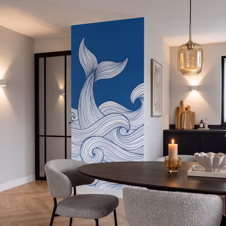 Behang - Walvis - Staart - Golven - Lijntekening - Blauw — 5