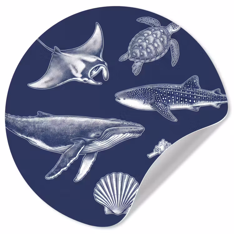 Behangcirkel - Dieren - Zeeleven - Oceaan - Graveren - Blauw — 1