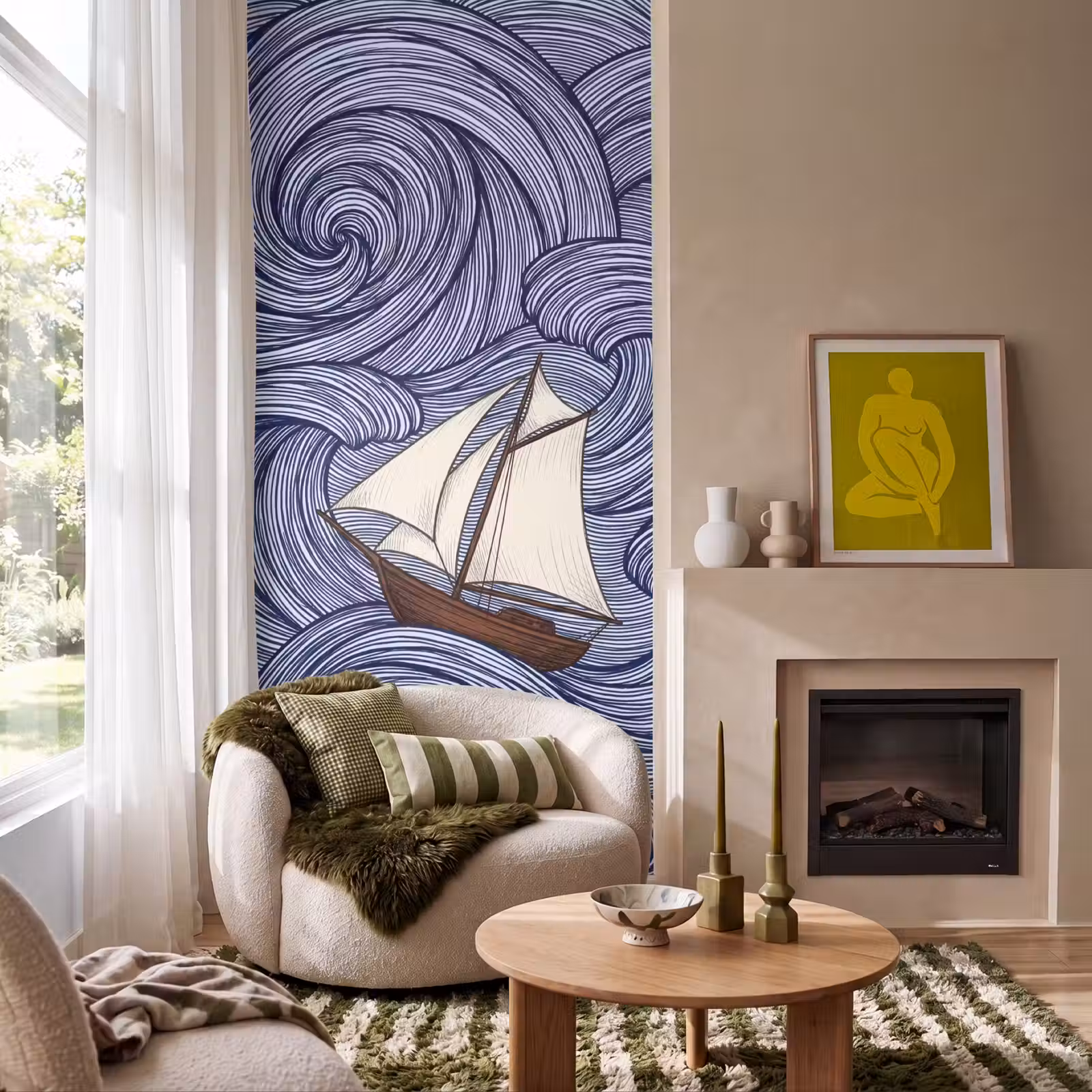 Behang - Schip - Golven - Zee - Illustratie - Blauw — 1