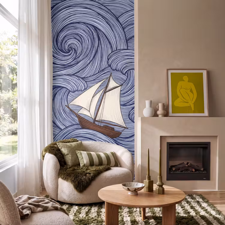 Behang - Schip - Golven - Zee - Illustratie - Blauw — 1