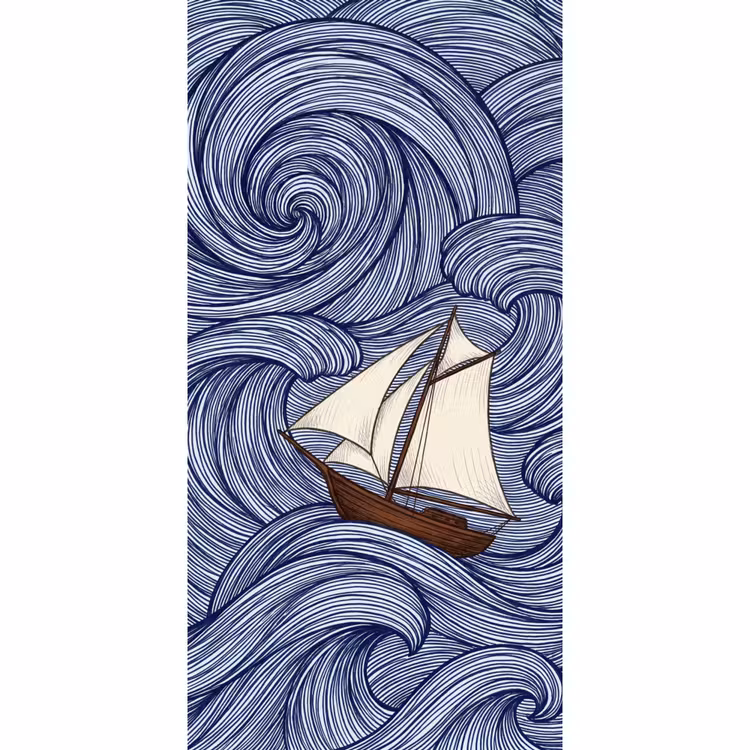 Behang - Schip - Golven - Zee - Illustratie - Blauw — 2