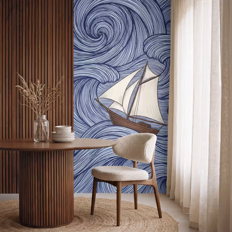 Behang - Schip - Golven - Zee - Illustratie - Blauw — 4