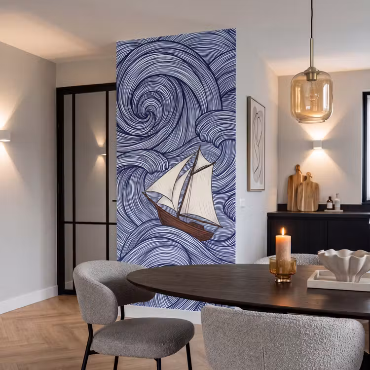 Behang - Schip - Golven - Zee - Illustratie - Blauw — 5