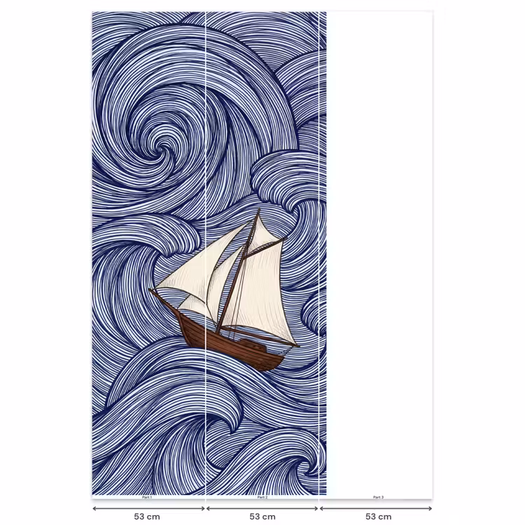 Behang - Schip - Golven - Zee - Illustratie - Blauw — 6