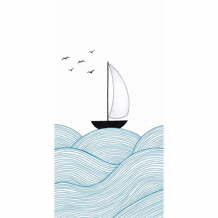 Behang - Zeilboot - Golven - Zee - Illustratie - Blauw — 2