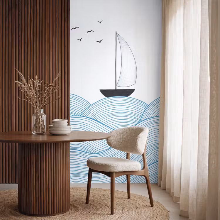 Behang - Zeilboot - Golven - Zee - Illustratie - Blauw — 4