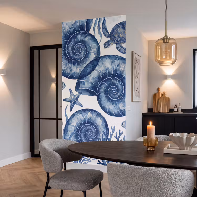 Behang - Schelp - Spiraal - Zeeleven - Aquarel - Blauw — 5