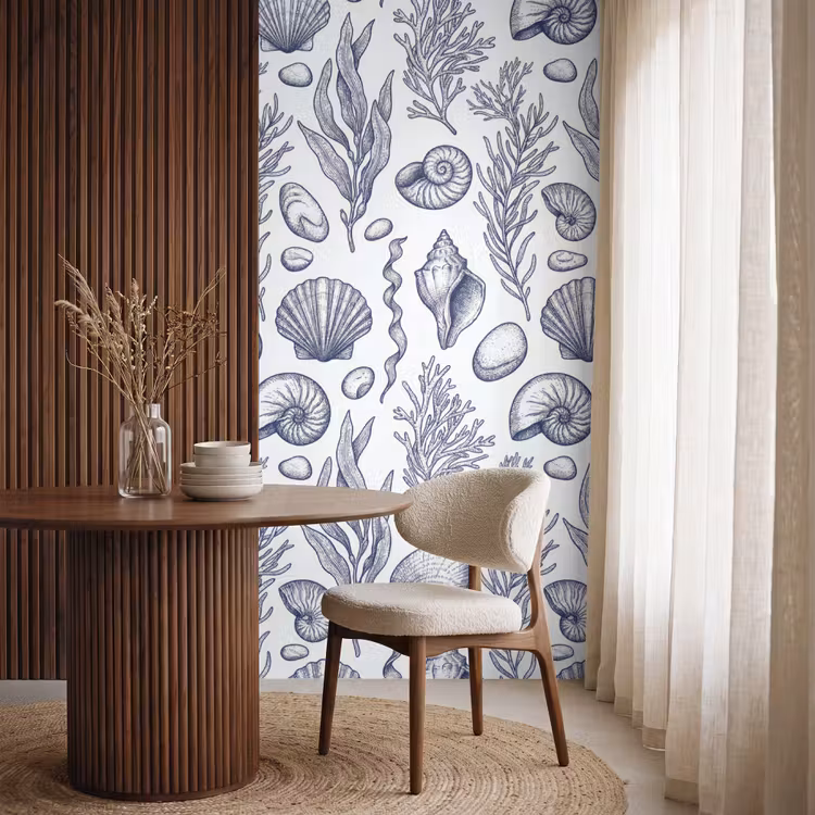 Behang - Schelpen - Zeewier - Oceaan - Illustratie - Blauw — 4