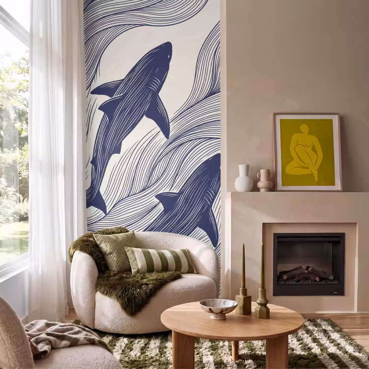 Behang - Vis - Oceaan - Lijntekening - Blauw - Dieren — 1
