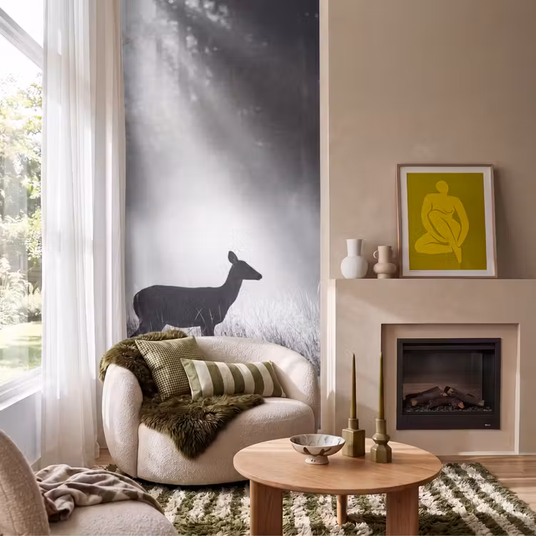 Behang - Hert - Bos - Zonnestralen - Zwart-wit - Natuur — 1