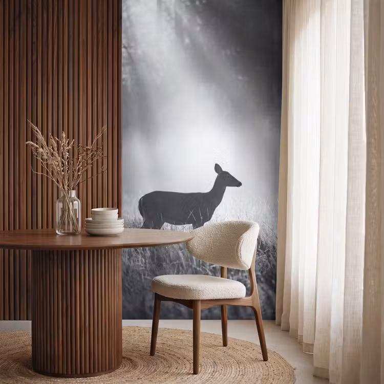 Behang - Hert - Bos - Zonnestralen - Zwart-wit - Natuur — 4