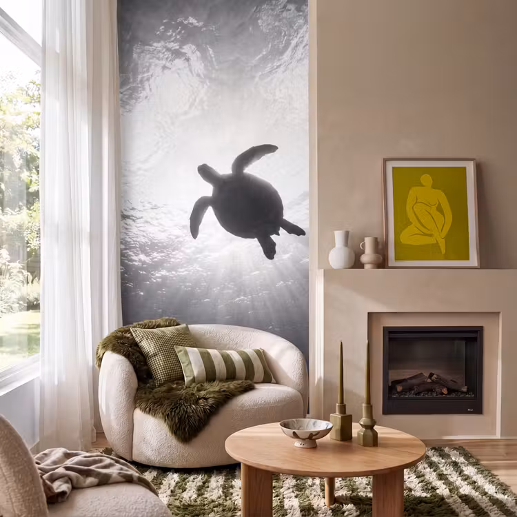 Behang - Schildpad - Onderwater - Lichtstralen - Oceaan - Zwart-wit — 1