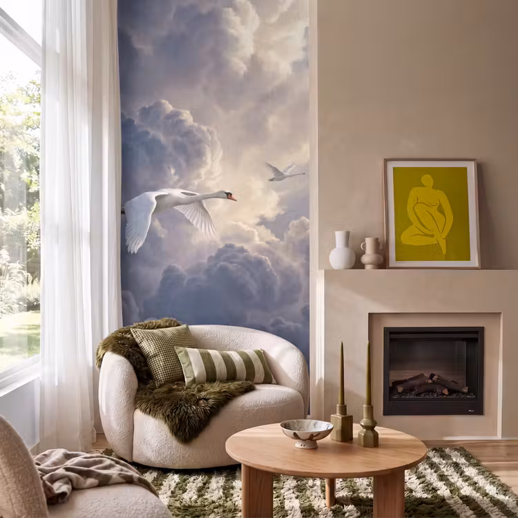 Behang - Vogel - Vliegend - Natuur - Wit - Wolken — 1