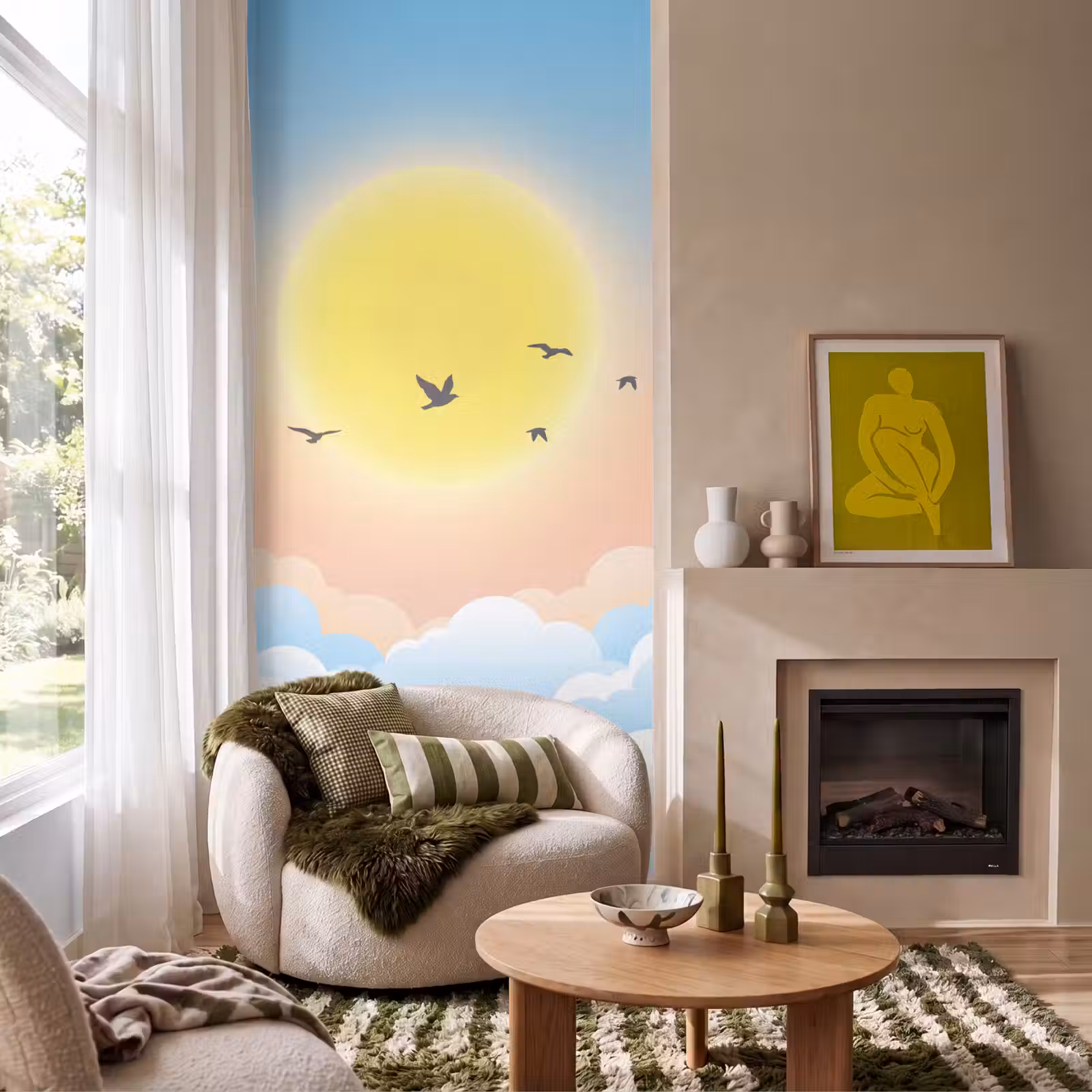 Behang - Zon - Vogels - Lucht - Natuur - Geel — 1