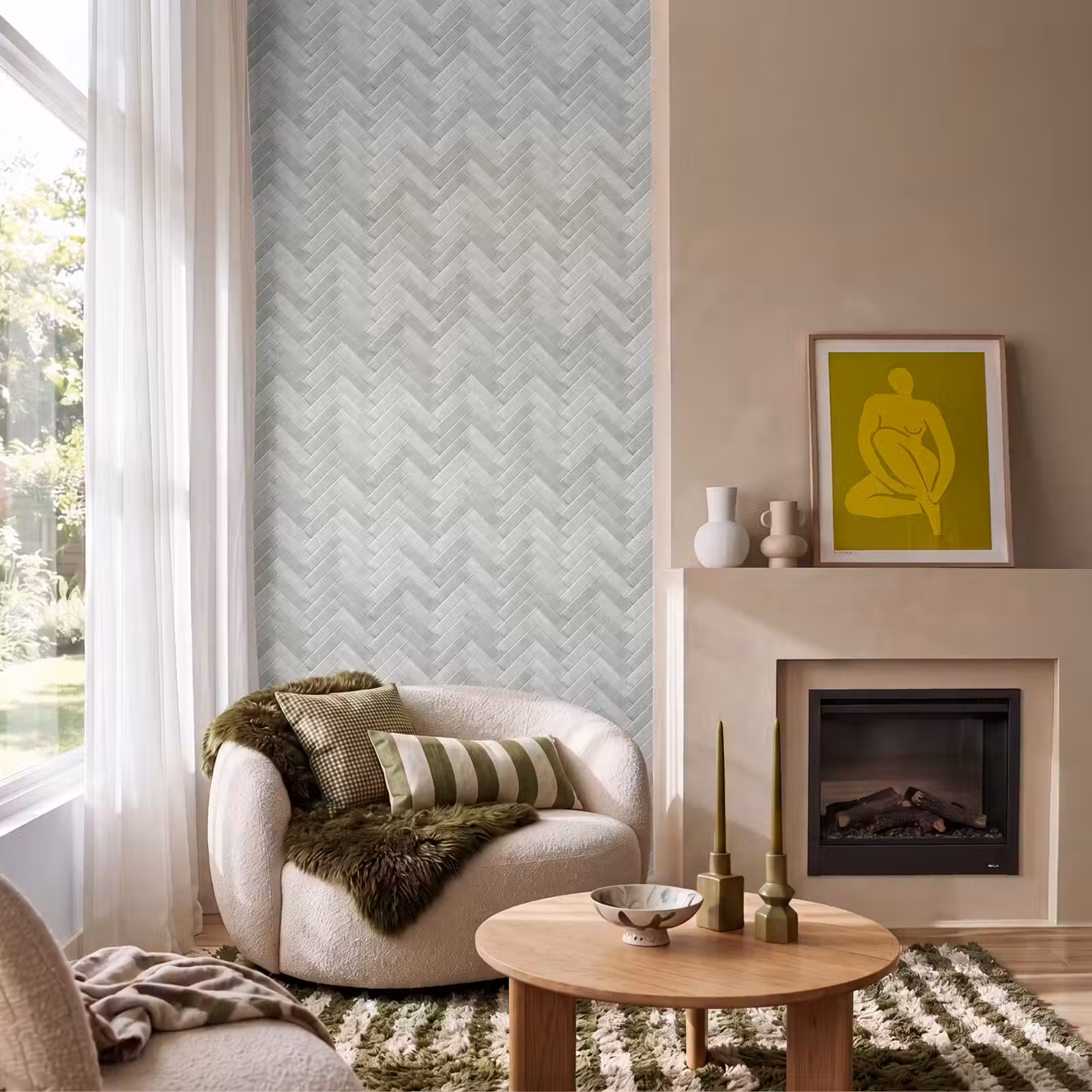 Behang - Visgraat - Wandtegel - Grijs — 1