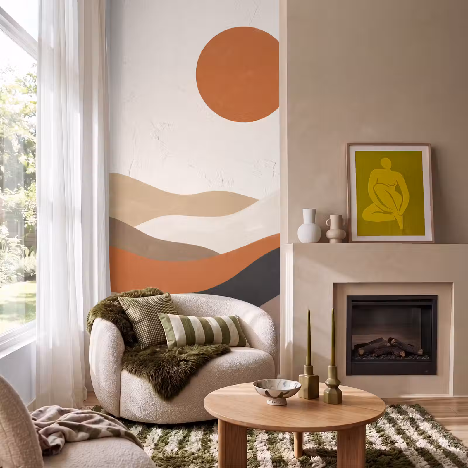 Behang - Landschap - Heuvels - Zon - Abstract - Oranje — 1
