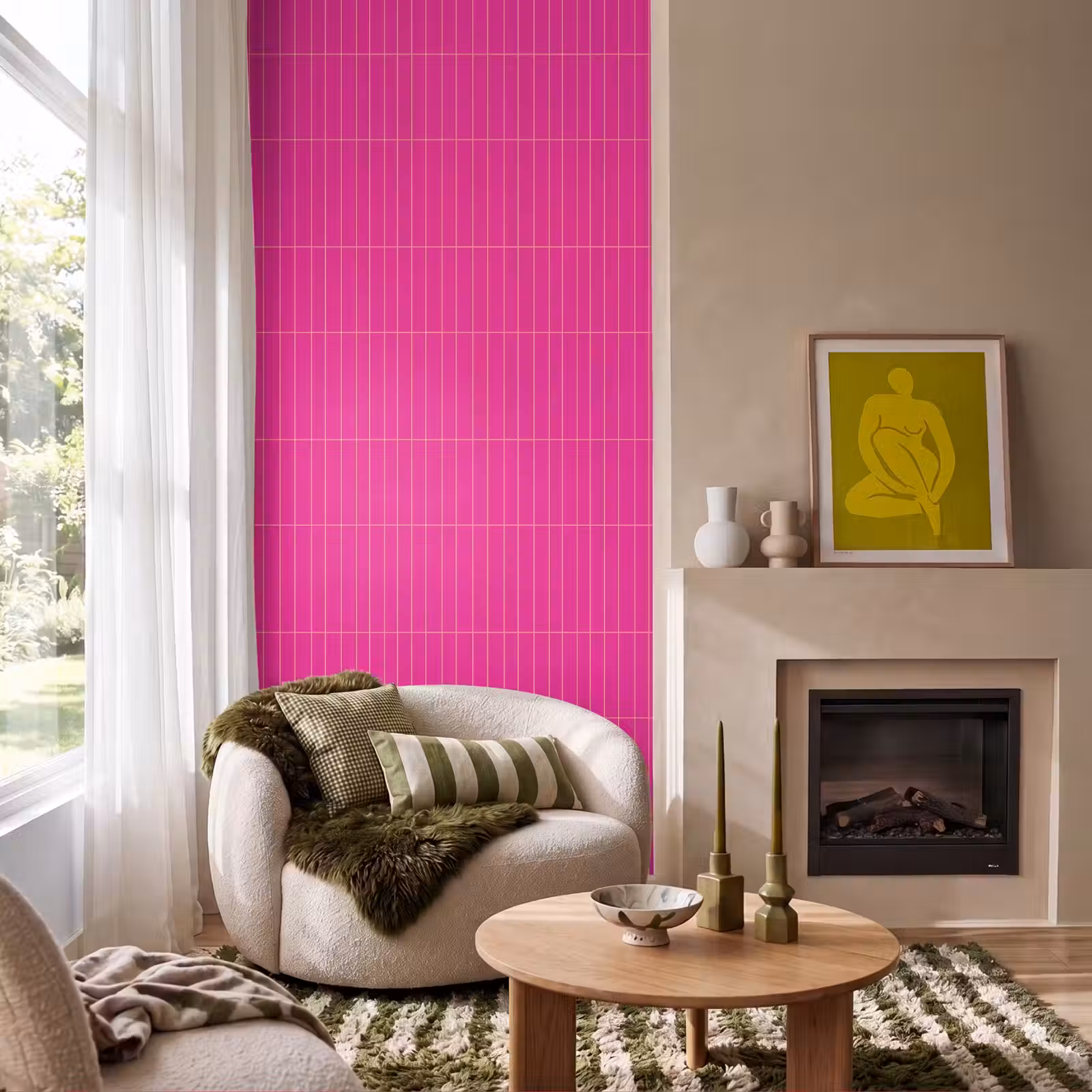 Behang - Patroon - Tegel - Magenta - Roze — 1