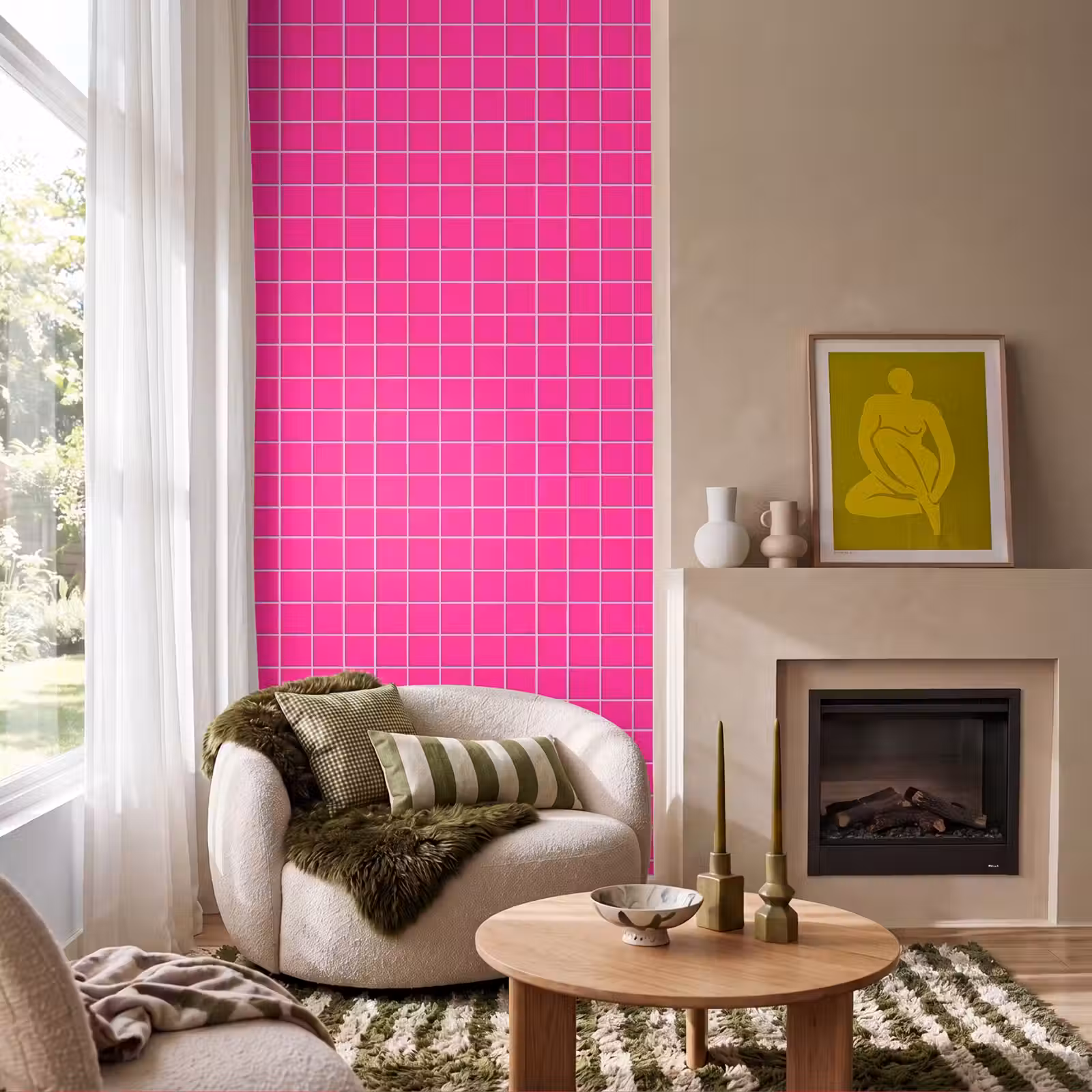 Behang - Tegels - Vierkant - Fuchsia — 1
