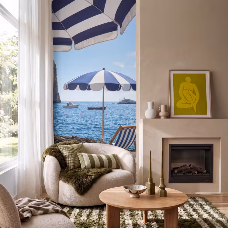 Behang - Strand - Ligstoel - Parasol - Zomer - Blauw — 1