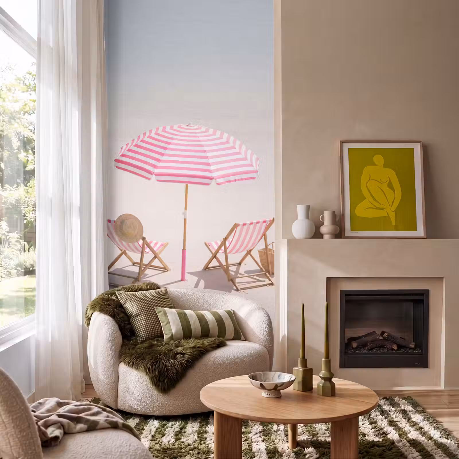 Behang - Strand - Parasol - Ligstoel - Zomer - Roze — 1