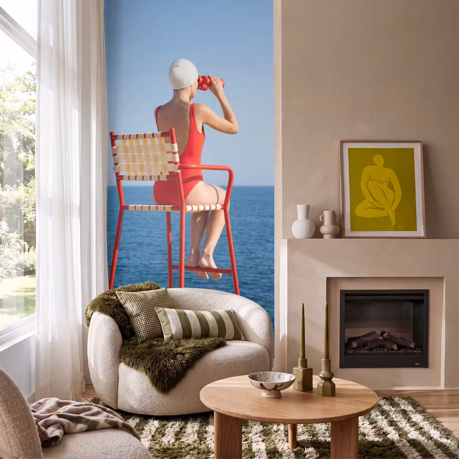 Behang - Vrouw - Zee - Kust - Verrekijker - Rood — 1