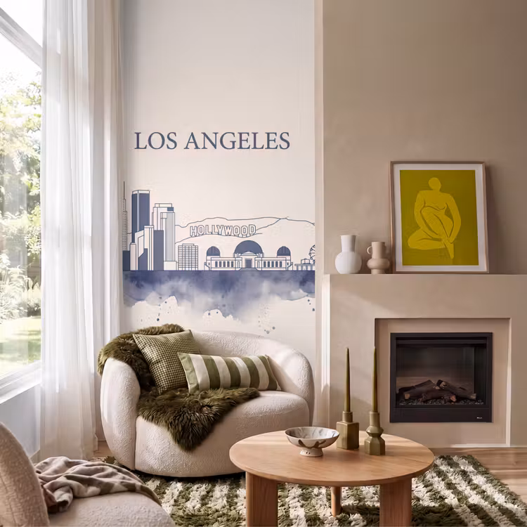 Behang - Los Angeles - Skyline - Architectuur - Aquarel - Blauw — 1