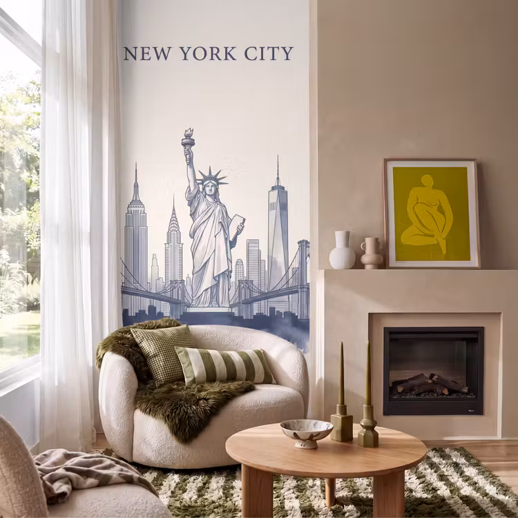 Behang - New York - Vrijheidsbeeld - Skyline - Illustratie - Blauw — 1