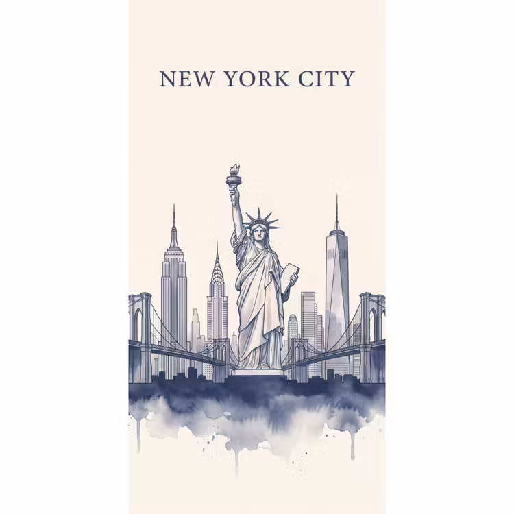 Behang - New York - Vrijheidsbeeld - Skyline - Illustratie - Blauw — 2