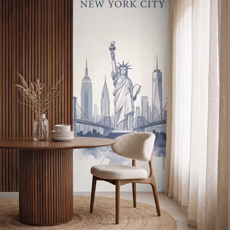 Behang - New York - Vrijheidsbeeld - Skyline - Illustratie - Blauw — 4