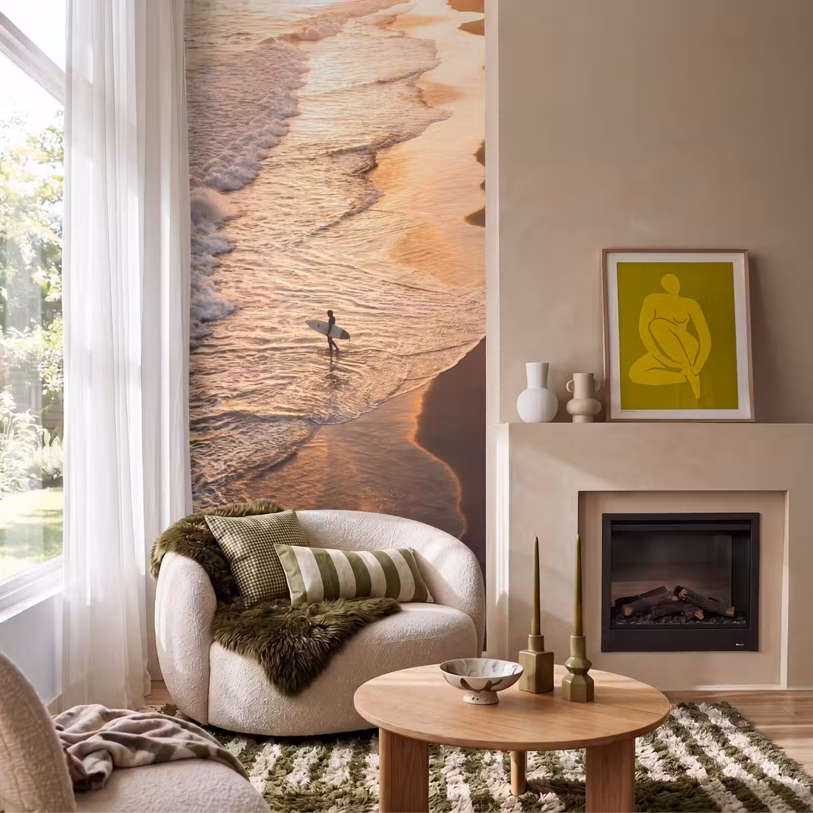 Behang - Surfer - Strand - Zonsondergang - Oceaan - Goud — 1