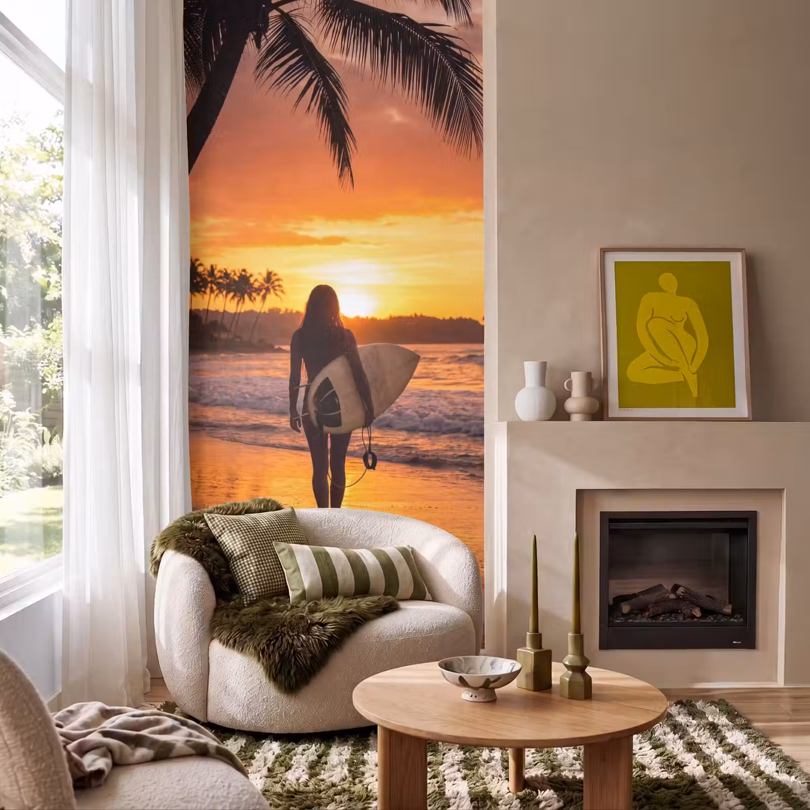 Behang - Vrouw - Surfplank - Strand - Zonsondergang - Oranje — 1