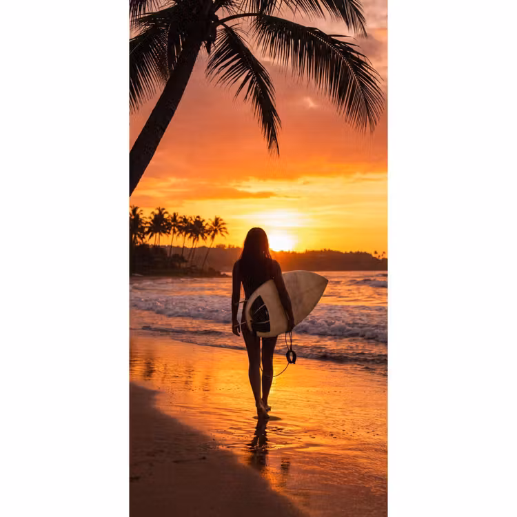 Behang - Vrouw - Surfplank - Strand - Zonsondergang - Oranje — 2
