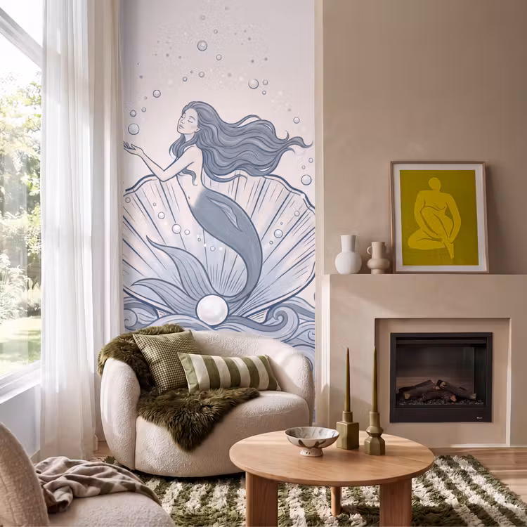 Behang - Zeemeermin - Schelp - Zee - Fantasie - Blauw — 1