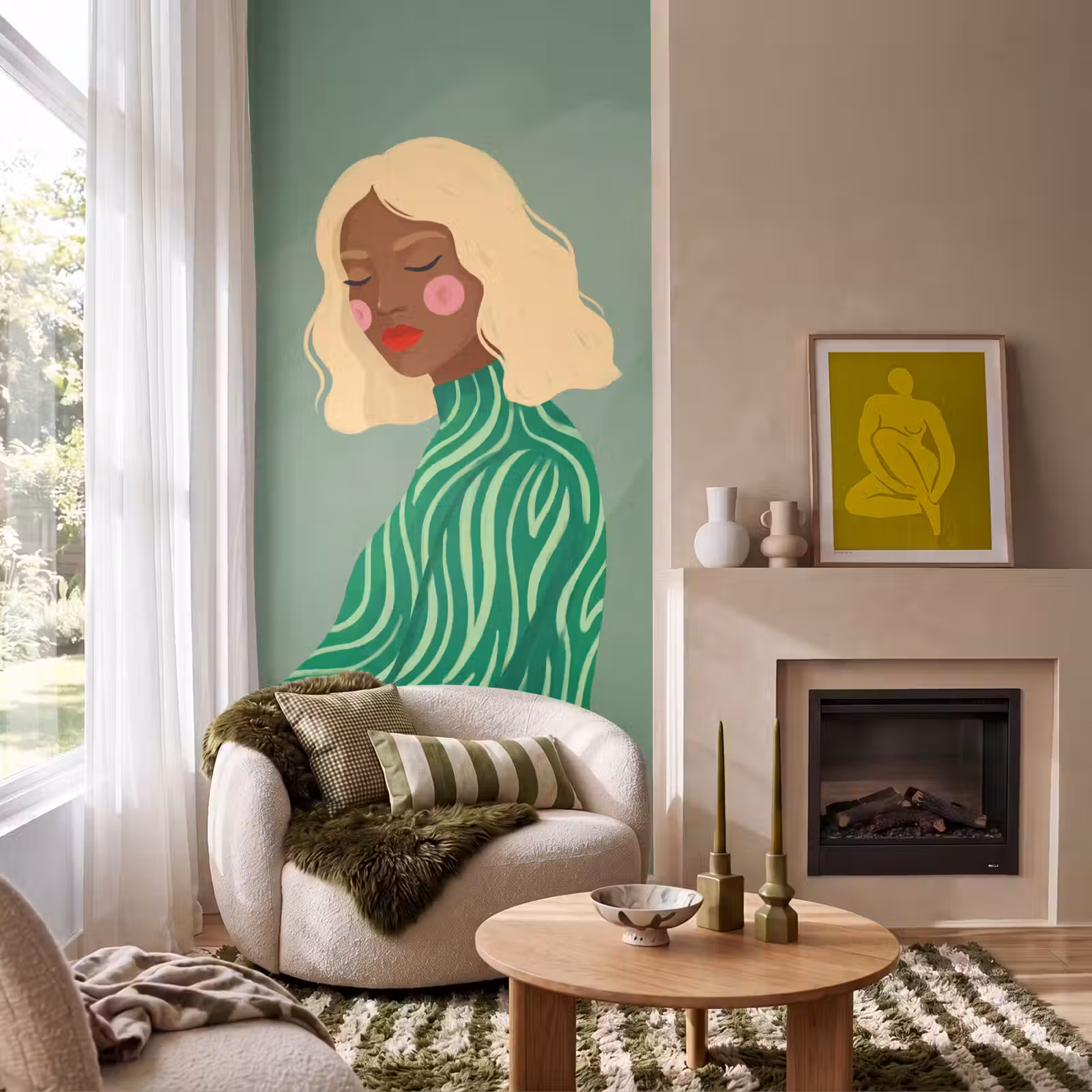 Behang - Vrouw - Portret - Illustratie - Modern - Groen — 1