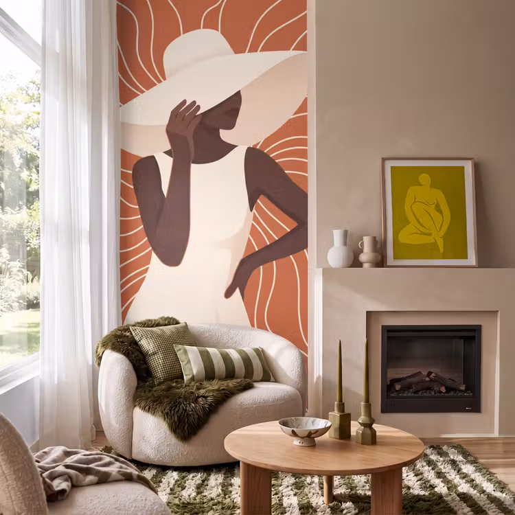 Behang - Vrouw - Hoed - Portret - Modern - Beige — 1