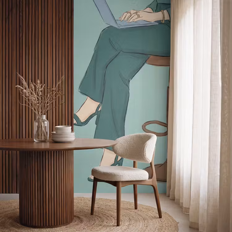 Behang - Vrouw - Laptop - Zittend - Illustratie - Groen — 4