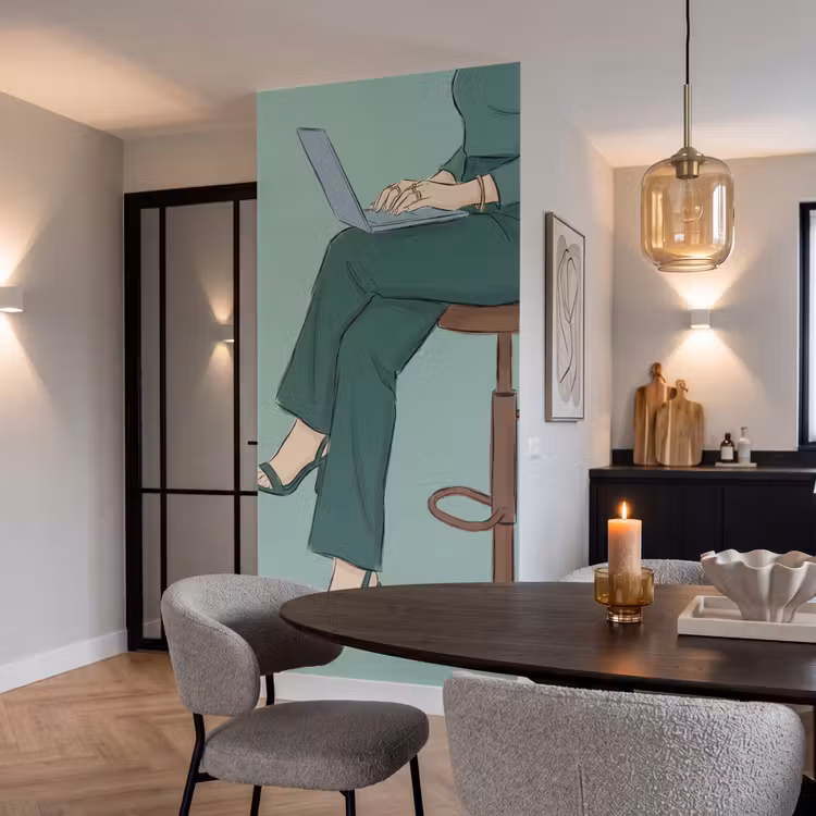 Behang - Vrouw - Laptop - Zittend - Illustratie - Groen — 5