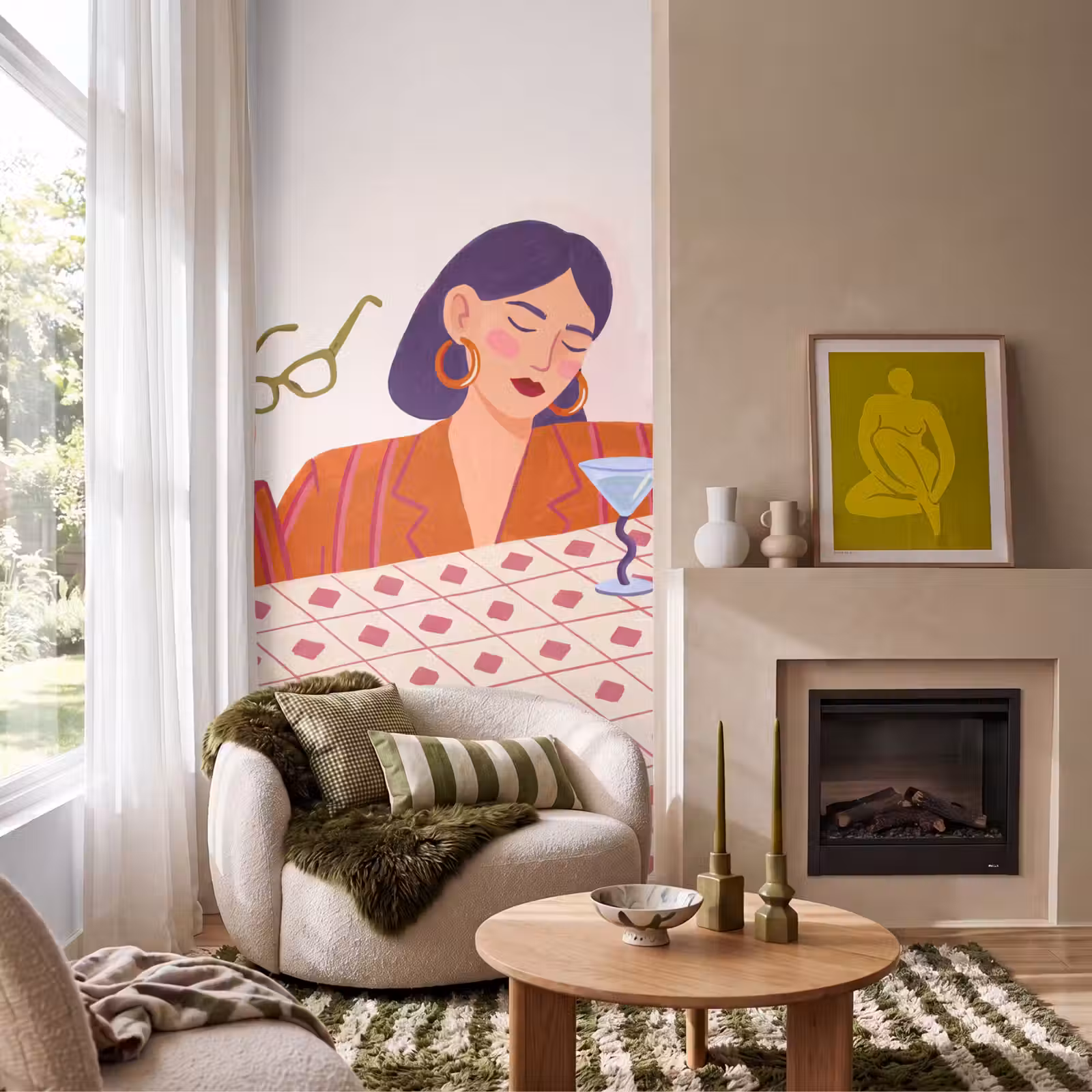 Behang - Vrouw - Bril - Cocktail - Illustratie - Modern — 1