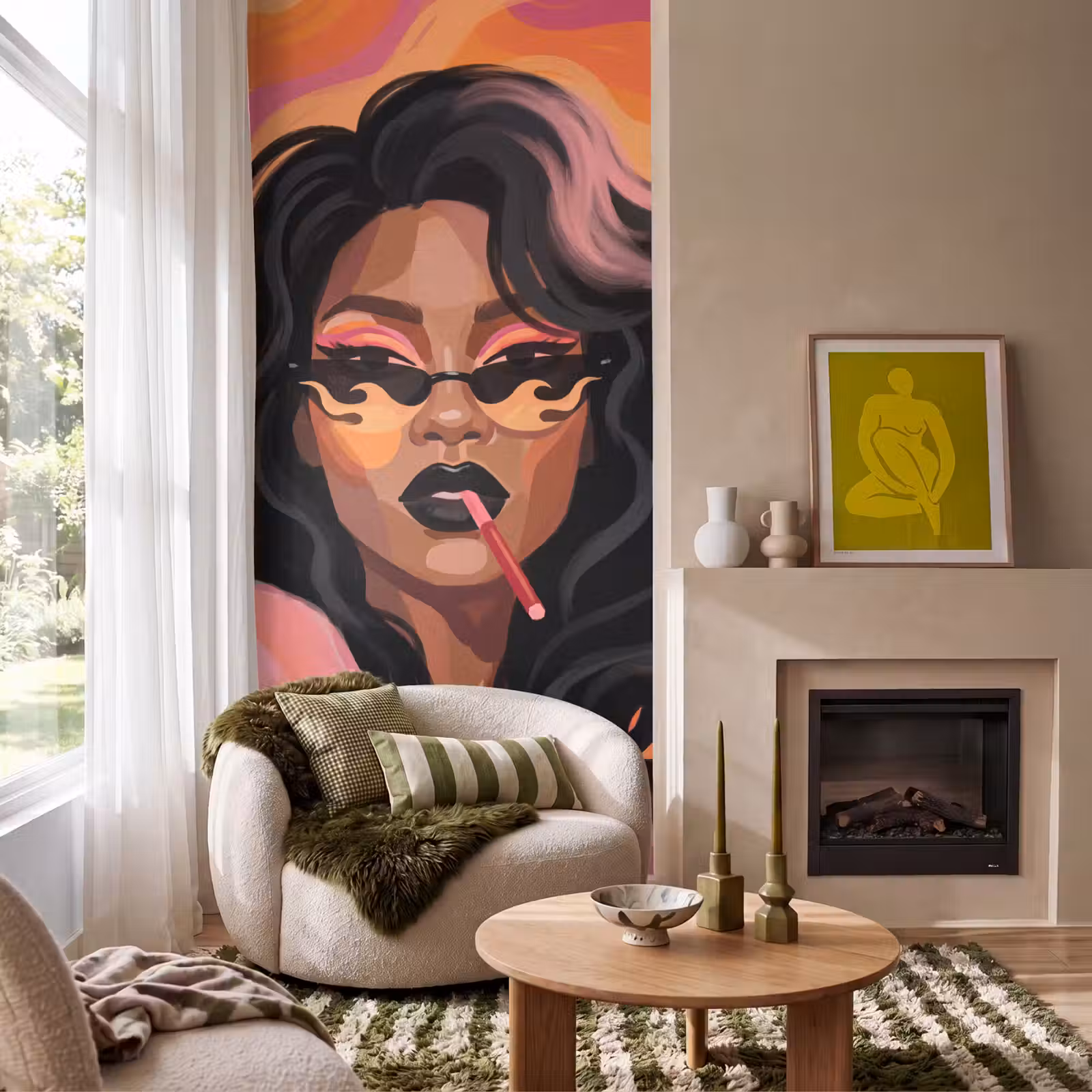 Behang - Vrouw - Zonnebril - Modern - Portret - Oranje — 1