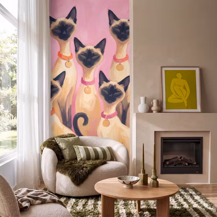 Behang - Kat - Groep - Dieren - Modern - Roze — 1