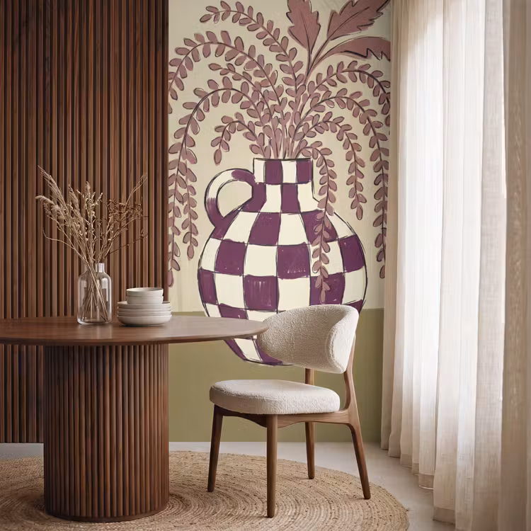 Behang - Vaas - Geruit - Planten - Modern - Paars — 4