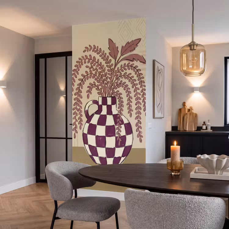 Behang - Vaas - Geruit - Planten - Modern - Paars — 5