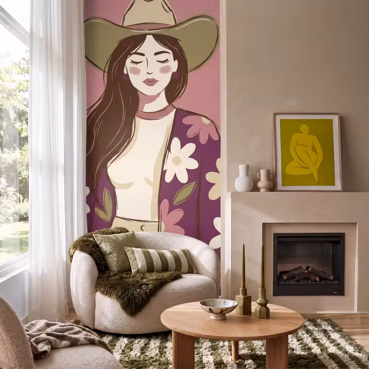 Behang - Vrouw - Hoed - Portret - Illustratie - Roze — 1