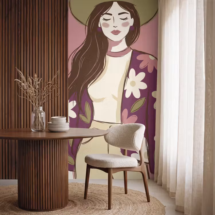 Behang - Vrouw - Hoed - Portret - Illustratie - Roze — 4