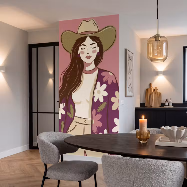Behang - Vrouw - Hoed - Portret - Illustratie - Roze — 5