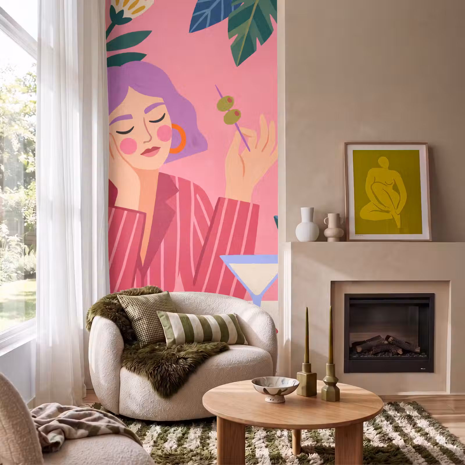 Behang - Vrouw - Cocktail - Bloemen - Modern - Roze — 1